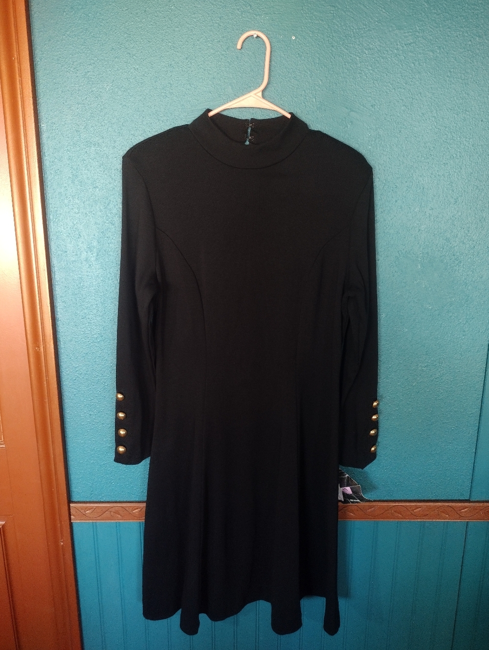 Vintage Another Thyme Classic Black Long-Sleeve Dress with Brass Colored Buttons